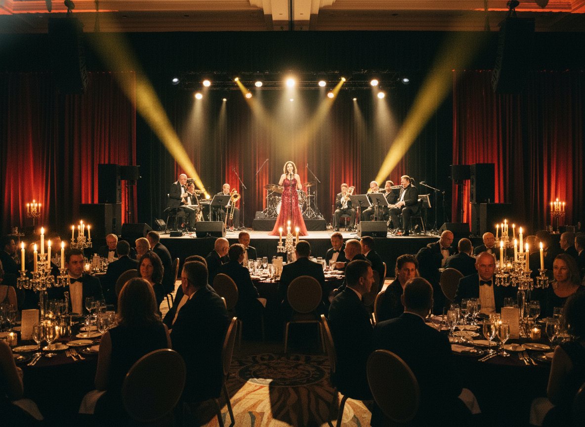An elegant Las Vegas gala in a ballroom with a performance on a lit stage.