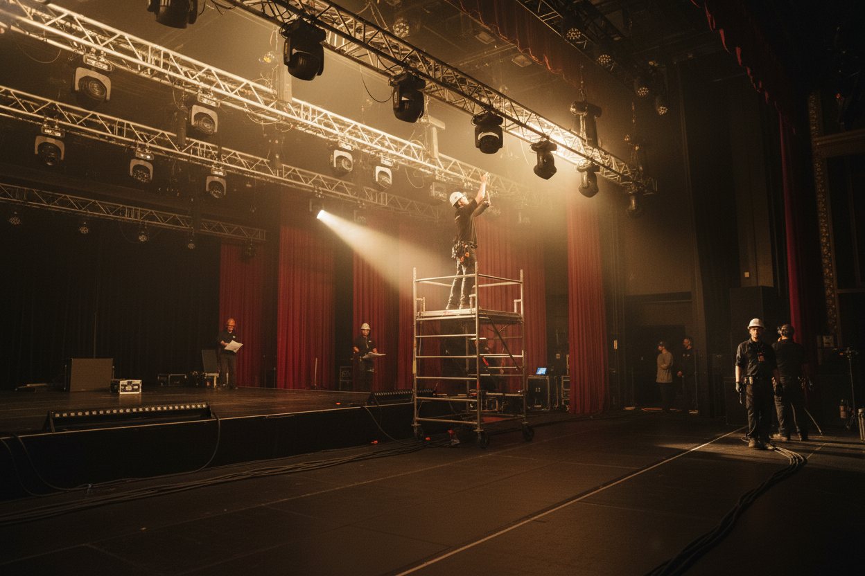 A stage and lighting crew preparing a Las Vegas production behind the scenes.