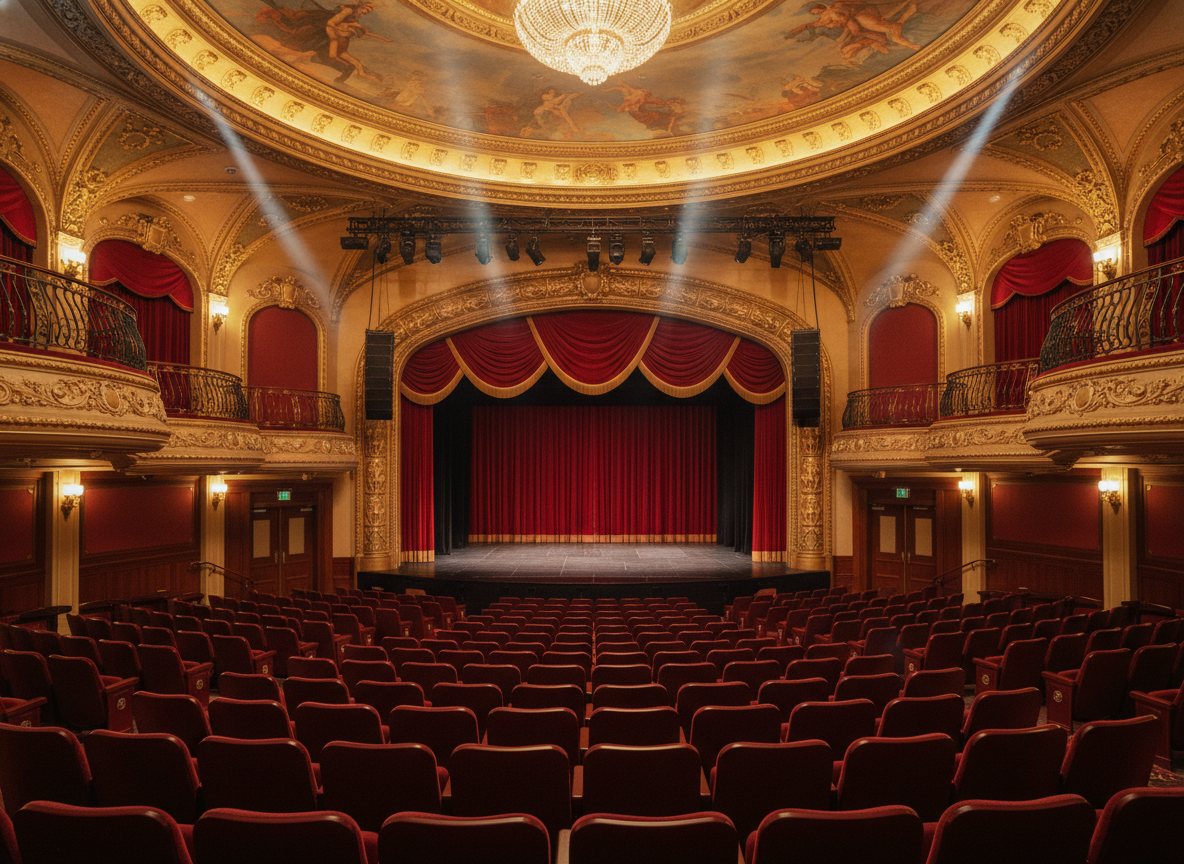 An ornate Las Vegas casino showroom theater with stage lighting and tiered seating.