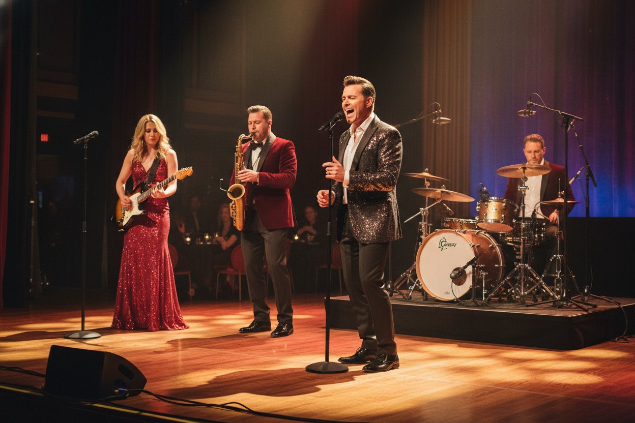A live band performing on a Las Vegas stage.