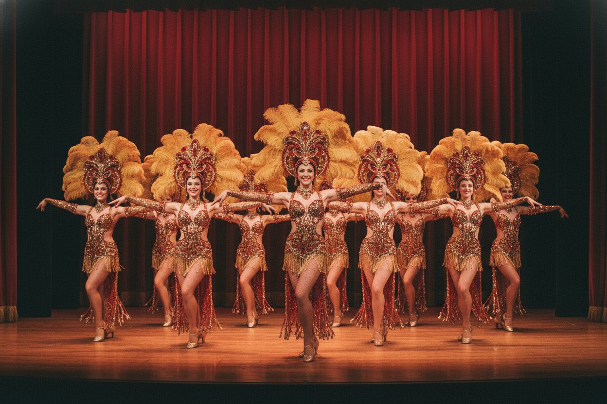 Las Vegas showgirls in feathered costumes performing a choreographed routine on stage.