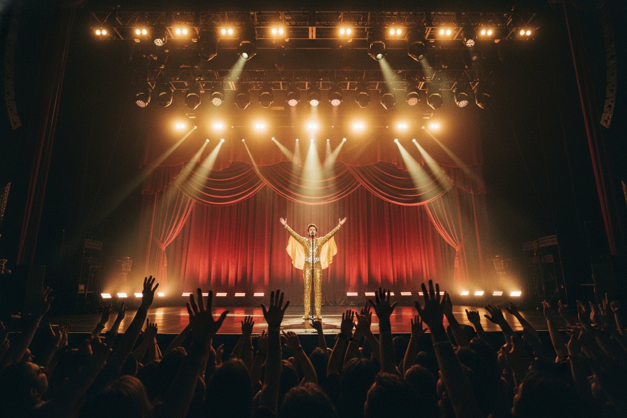 A headliner performing on a Las Vegas stage under dramatic lighting before a packed crowd.