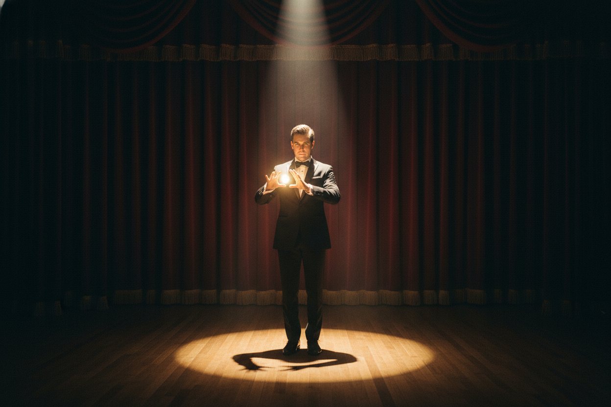 A magician performing an illusion on a theatrical stage in dramatic light.